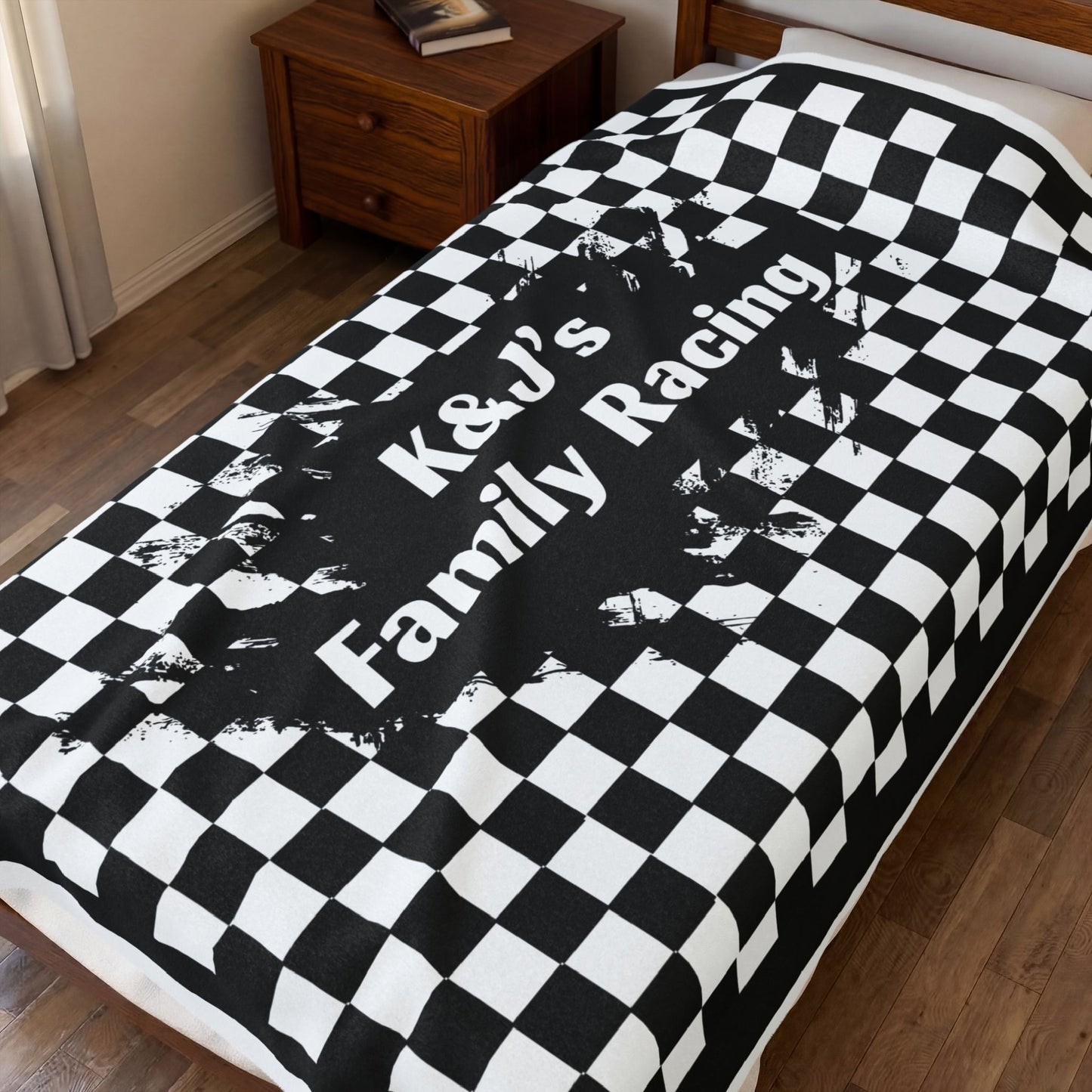 Racing Checkered Velveteen Blanket — “K&J’s Family Racing” Personalized Throw