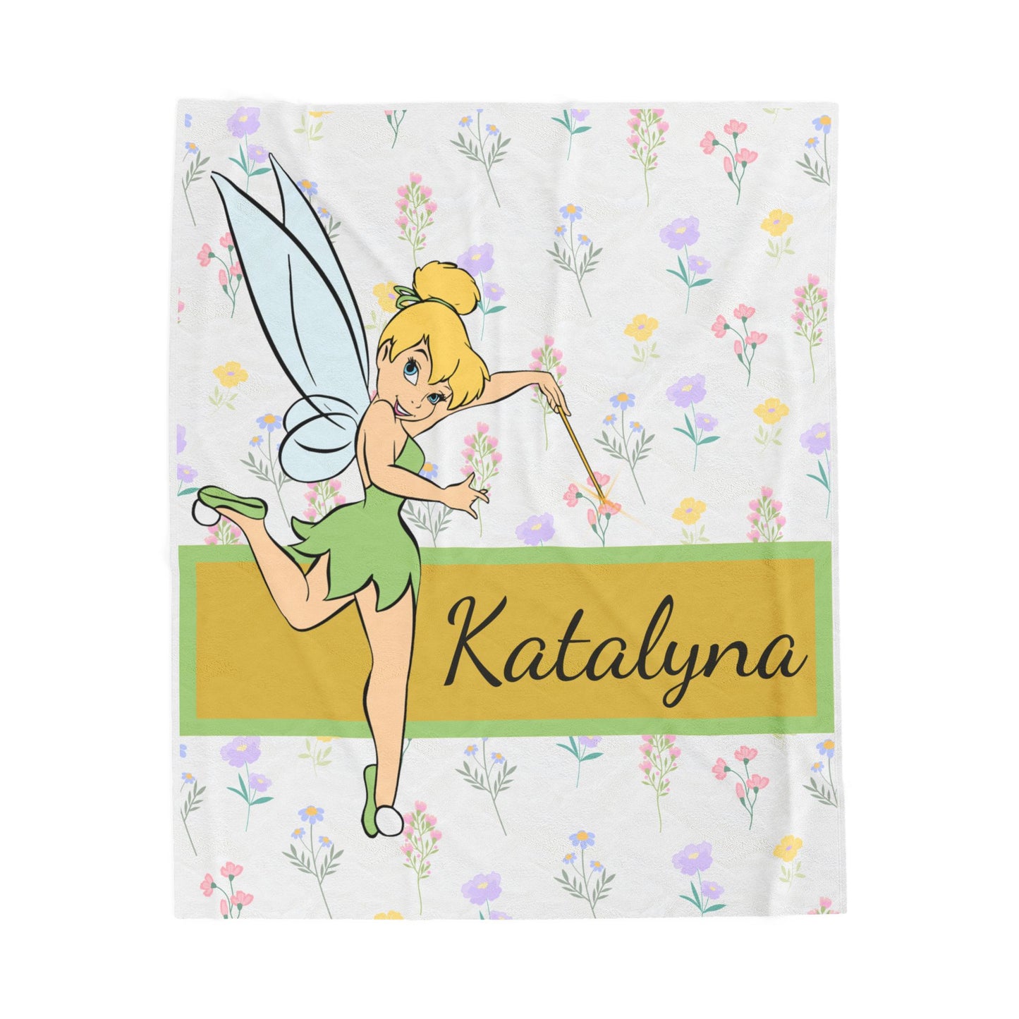 Personalized Fairy Velveteen Plush Blanket — Custom Name Tinkerbell-Style Floral Throw