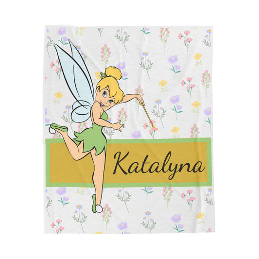 Personalized Fairy Velveteen Plush Blanket — Custom Name Tinkerbell-Style Floral Throw
