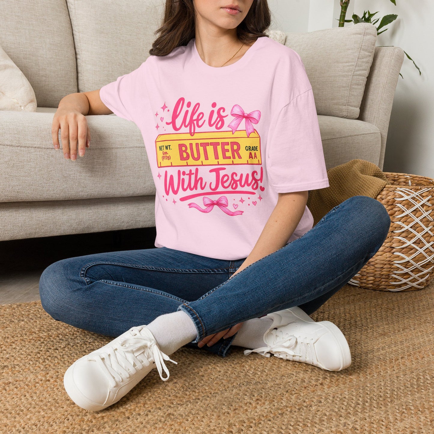 T-Shirt — "Life is Butter with Jesus" Christian Graphic Tee (Pink, Cute Ribbon Design)