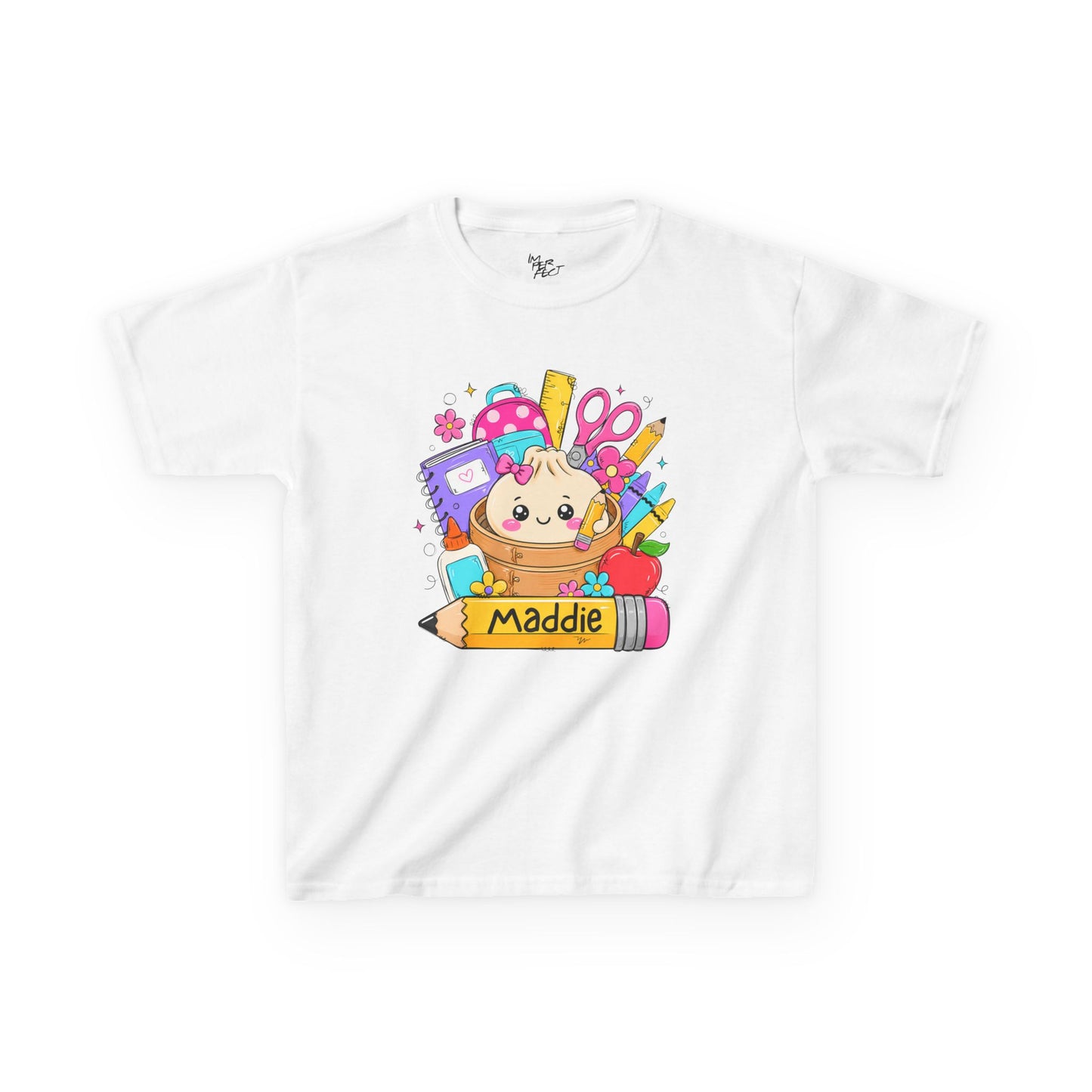 Kids Back-to-School Personalized T-Shirt — Cute School Supplies Design (Name: Maddie)