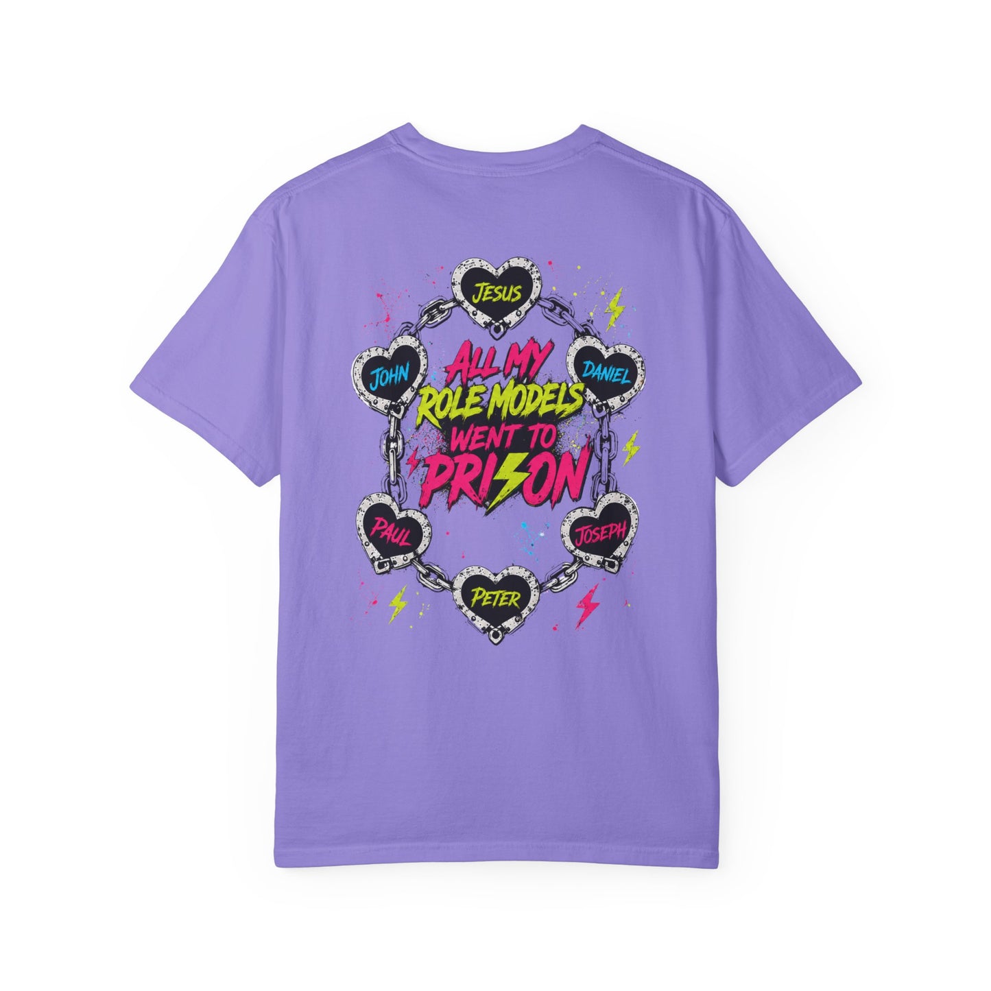 T-Shirt — "All My Role Models Went to Prison" Neon Cross Graphic