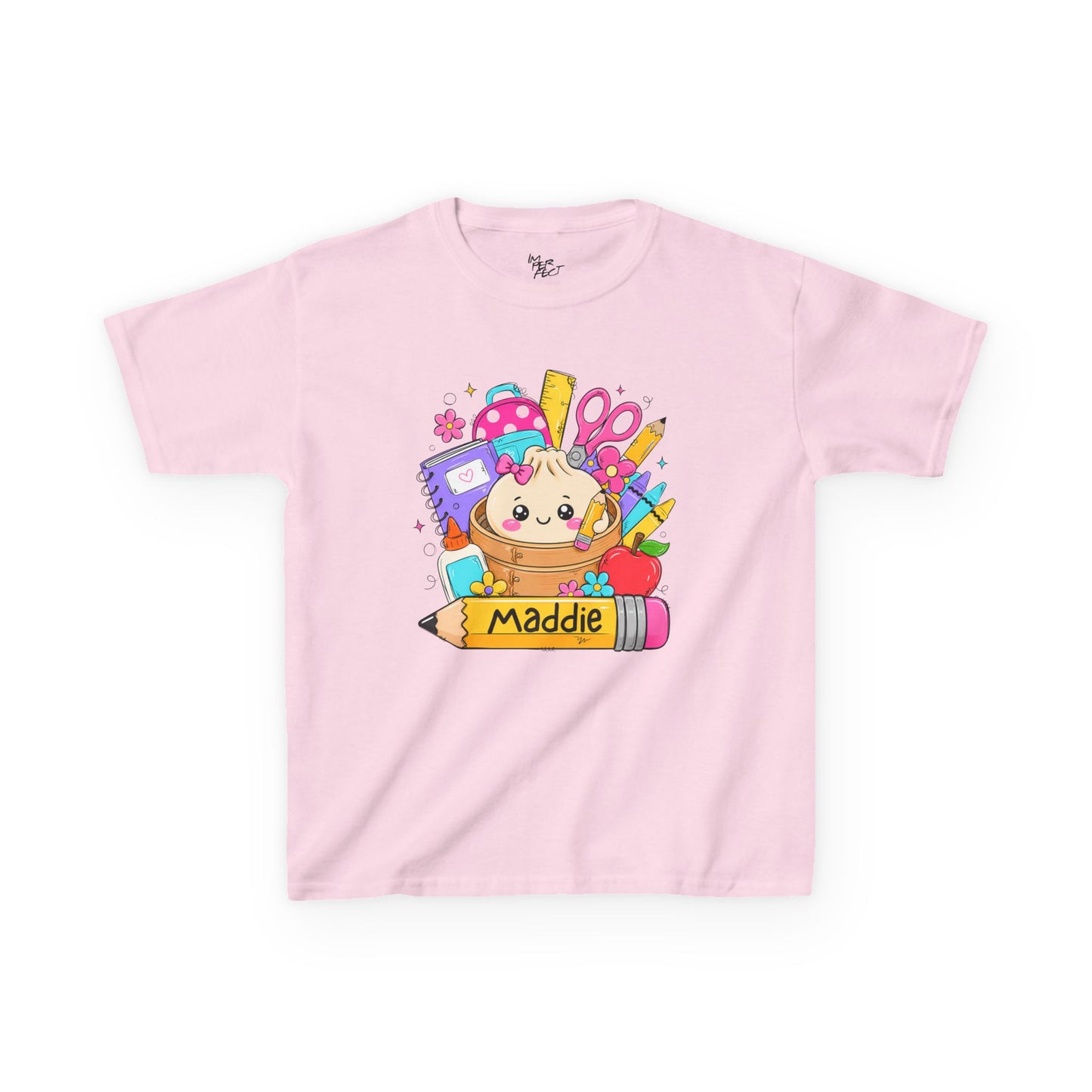 Kids Back-to-School Personalized T-Shirt — Cute School Supplies Design (Name: Maddie)