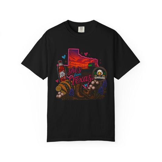 Texas Nightscape T-Shirt — 'She's From Texas' Ropes Retro Sunset Design