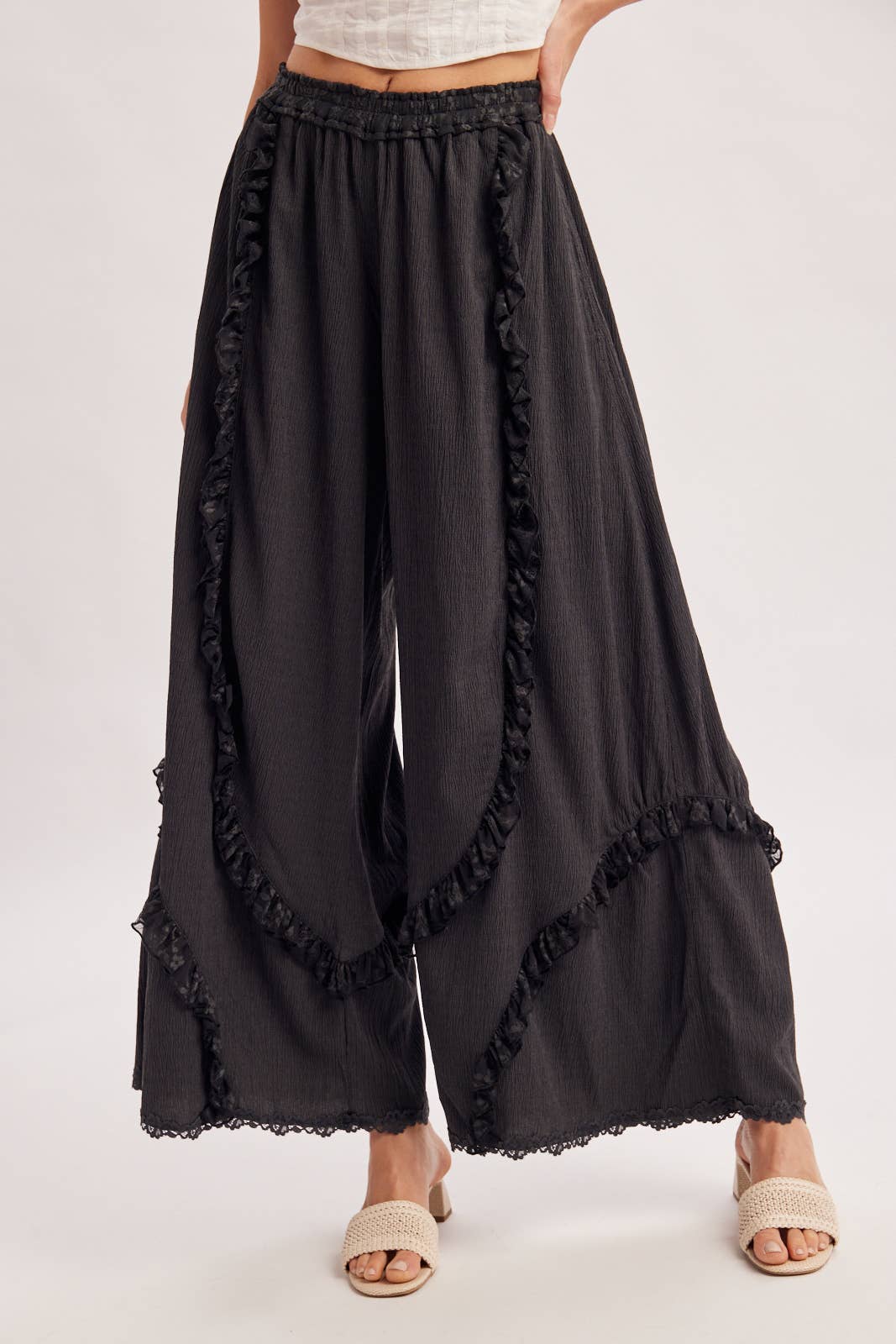 BOHO EYELET LACE RUFFLE TRIMMED WIDE PANTS
