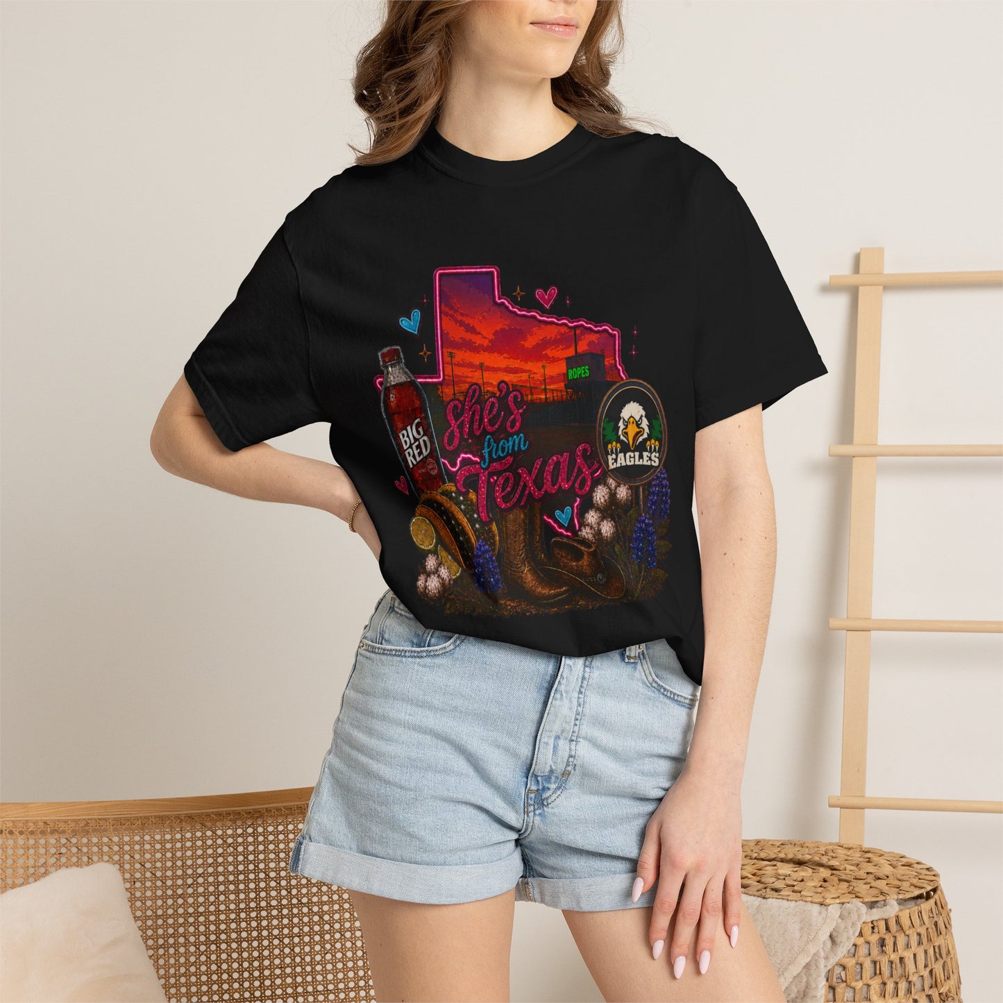 Texas Nightscape T-Shirt — 'She's From Texas' Ropes Retro Sunset Design