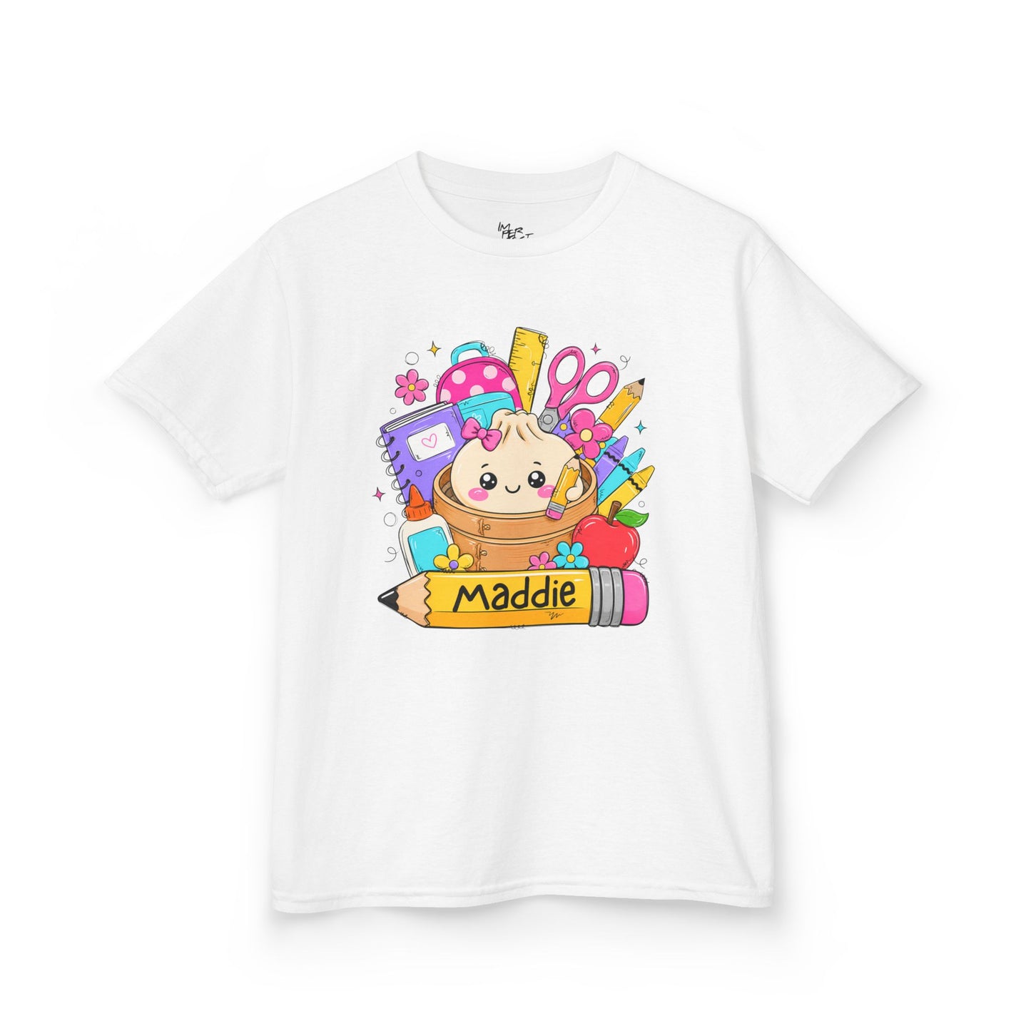 Kids Back-to-School Personalized T-Shirt — Cute School Supplies Design (Name: Maddie)