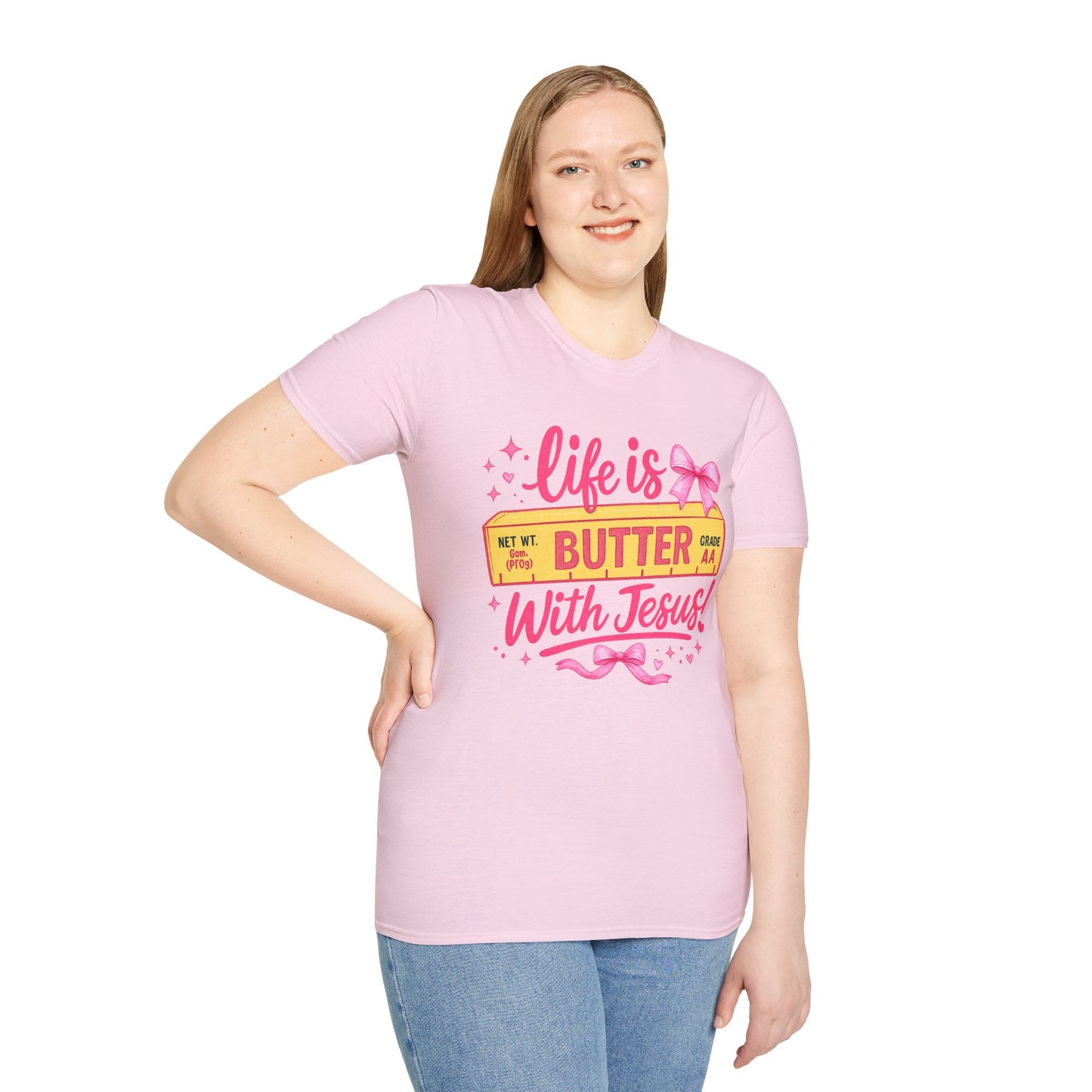 T-Shirt — "Life is Butter with Jesus" Christian Graphic Tee (Pink, Cute Ribbon Design)