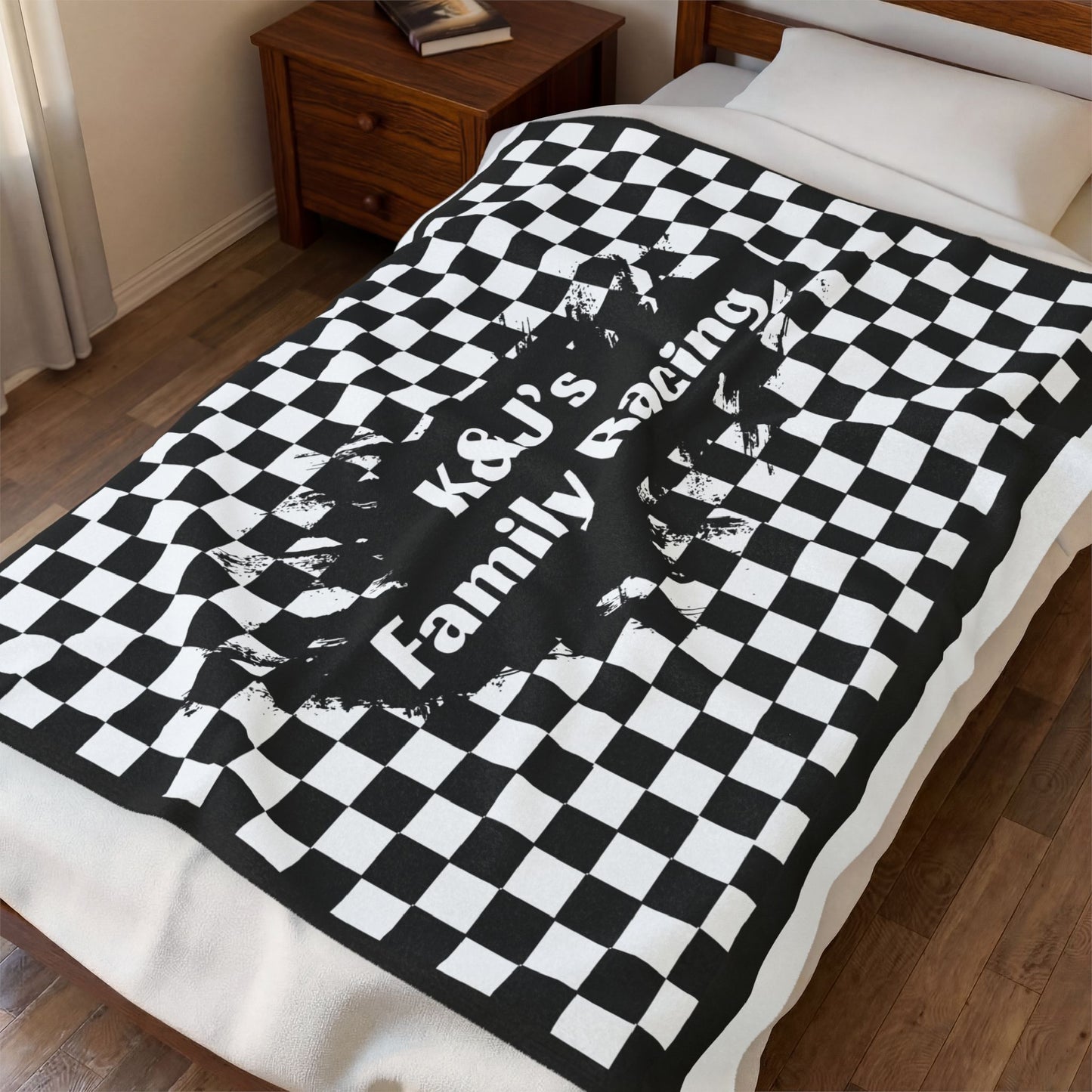 Racing Checkered Velveteen Blanket — “K&J’s Family Racing” Personalized Throw
