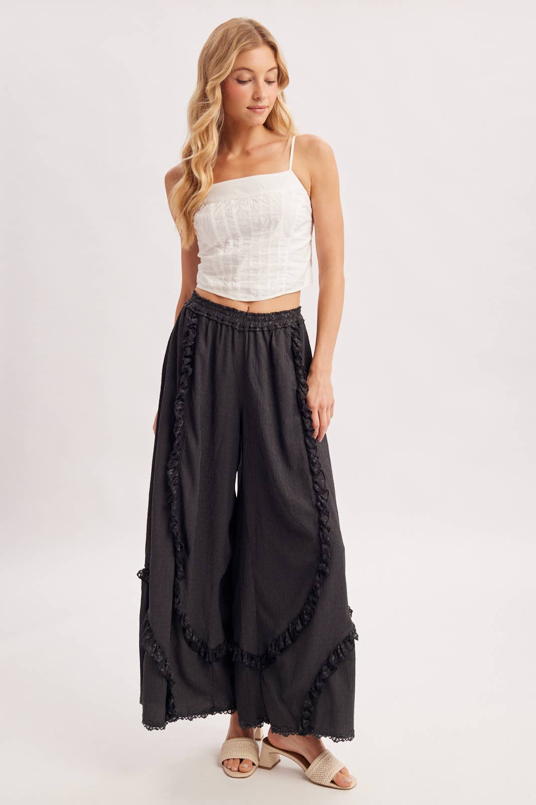 BOHO EYELET LACE RUFFLE TRIMMED WIDE PANTS