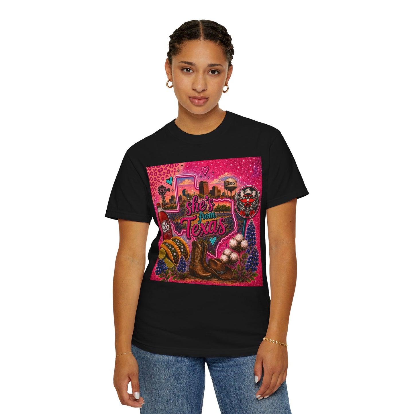Texas Pride Graphic T‑Shirt — "She’s From Texas Tech" Retro Desert Cactus Design