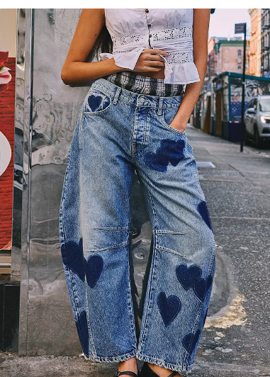 Heart Print Loose Midi Waist Jeans