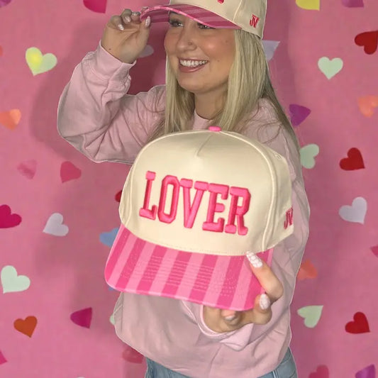 “LOVER” Valentine Trucker Hat – Pink & Cream